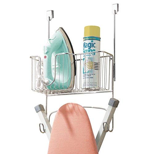 Inter Design Ironing Board Holder with Storage Basket for Clothing Iron - Over Door/Wall-Mount, Chrome