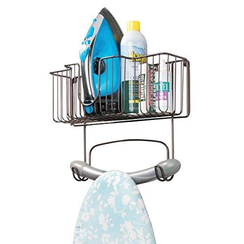 mDesign Laundry Room Wall Mount Ironing Board Holder with Large Basket - Bronze
