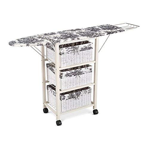 Black White Toile Pattern Ironing Board Center Iron Station Laundry With Storage Baskets