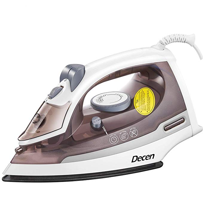 DECEN Clothes Iron, Steam Iron Non-Stick Smooth Soleplate, Self-Cleaning Irons with Variable Temperature and Steam Control, 3-Way Motion Smart Auto-Off Vertical Ironing, 1500W