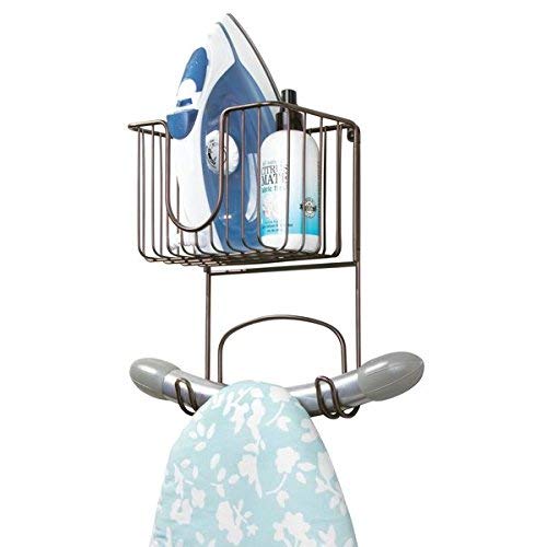 mDesign Laundry Room Wall Mount Ironing Board Holder with Small Basket - Bronze