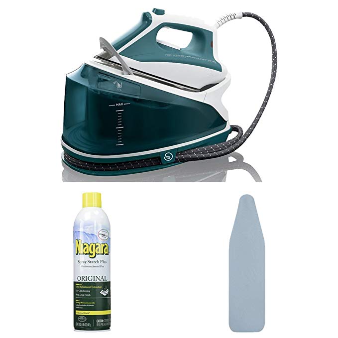 Rowenta DG7530 Compact 1800-Watt Steam Iron Station Stainless Steel Soleplate, Green Includes Free Ironing Board Cover and Starch Spray