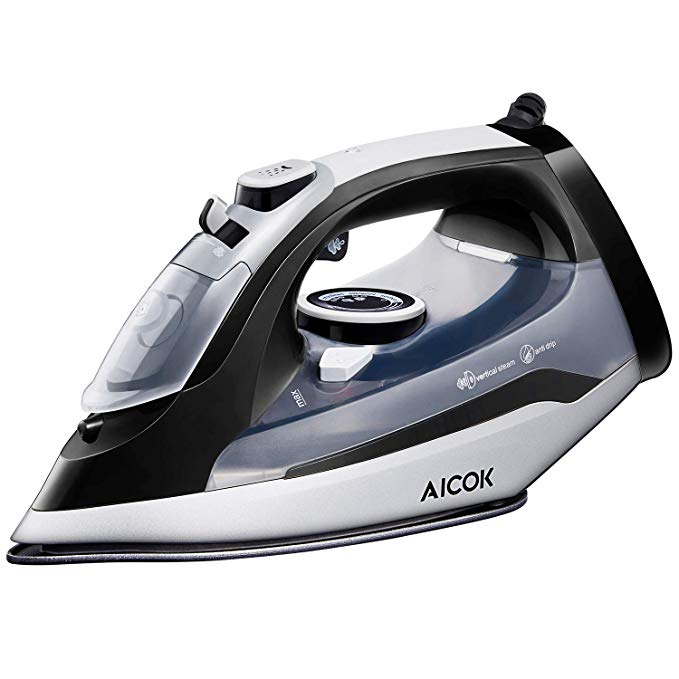 AICOK Steam Iron, 1400W Non-Stick Stainless Steel Soleplate Iron, Variable Temperature and Steam Control, Anti-Drip, Rapid Heating, Black