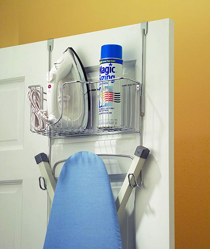 InterDesign Ironing Board Holder with Storage Basket for Clothing Iron - Wall Mount/Over Door, Chrome