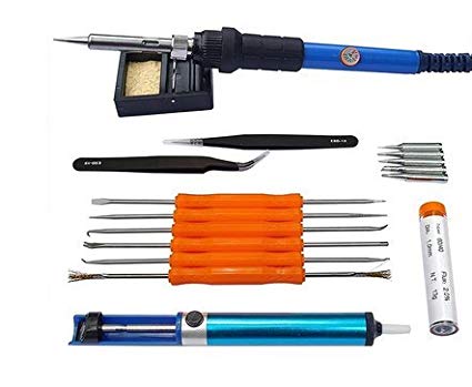 Full Set 60W 110V Electric Soldering Iron Kit - Adjustable Temperature Welding Iron, 5pcs Tips, Desoldering Pump, 2pcs Tweezers, Tin Wire Tube, Stand and 6pcs Aid Tools in PU Carry Bag