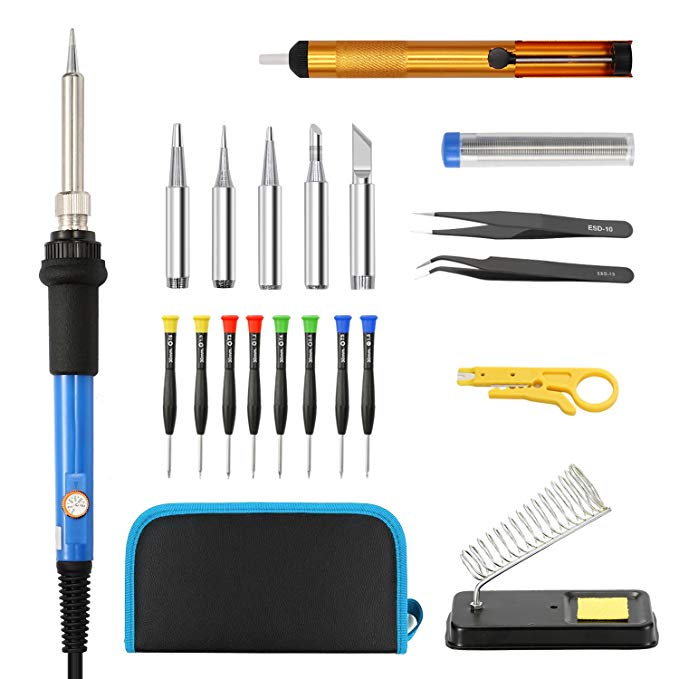 QIMH Soldering Iron Kit, 60W 110V Full Set Adjustable Temperature 23-In-1 Welding Soldering Iron with tool carry case,Soldering Sucker,Desoldering Pump,2Anti-Static Tweezers,Wire cutter,wire,stand